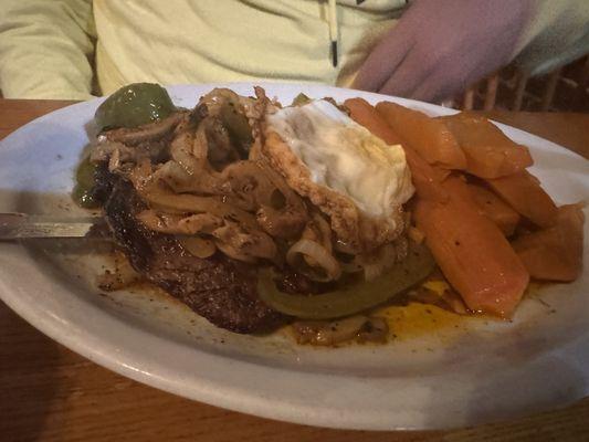 Pan seared Rib Eye with veggies and a fried egg