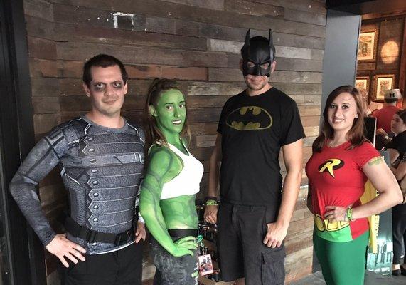 batman robin and guardians of galaxy characters at super hero pub crawl, rock brothers brewing, ybor