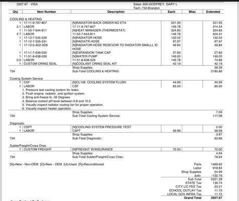 Receipt for coolant leak