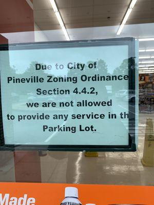 Important for anyone who needs help, like if you want them to change your wipers. Pineville doesn't allow it.