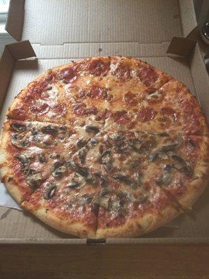 Half pepperoni and half mushroom