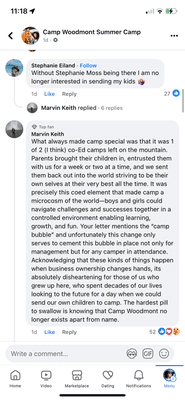 A public comment made by a camp parent on the camp's Facebook page.