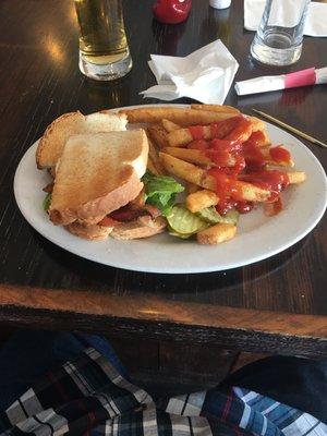 WBLT Walleye Bacon Lettuce tomato with Garlic Fries.