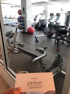 Gym with dumbbells and squat rack not shown. Also downstairs there is a separate yoga room with spinners, rowers and peloton bike