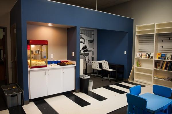 Study nook(s), snack bar and a shot of our famous piano key tile floor.