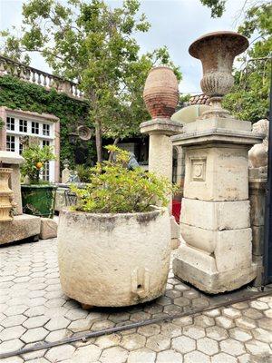 Round Carved stone fountain basin vessel . Pair columns, Jars and urns