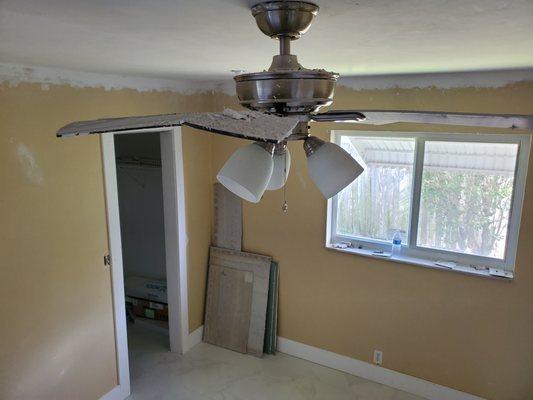 Removed popcorn ceiling without removing fan or using plastic to cover them