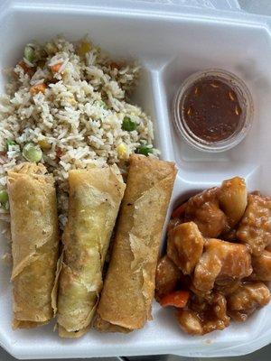 Sweet and Sour chicken fried rice and beef lumpia