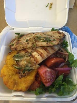 Chicken, tostones, balsamic tomatoes. $6.99