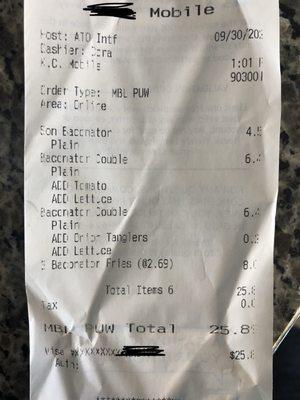 Receipt showing order and the add-ons