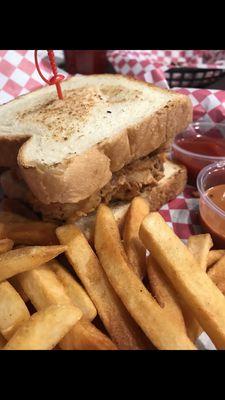 Barnyard pimp sandwich and fries with special sauce on the side.