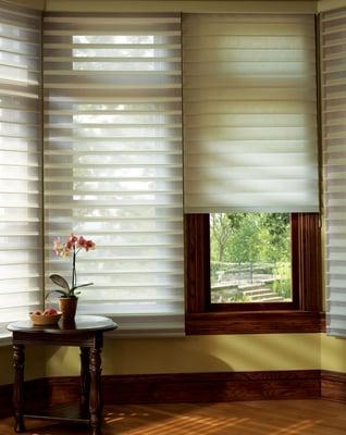 Silhouette® shadings, with the Signature S-Vane™, magically float between two sheers and diffuse harsh sunlight.