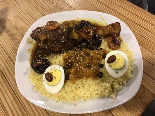 Lamb tagine with couscous $18.49 with tax--it was good but pricey for a food court style spot.