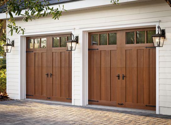 Clopay Canyon Ridge® Carriage House (4-Layer)
Insulated carriage house garage doors with faux wood composite overlays on a steel base door.