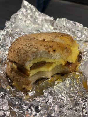 Breakfast sandwich- 2 egg patties, sausage, excellent bagel