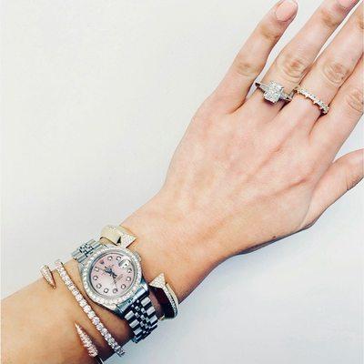 Bracelet Stacks, Rolex, Radiant Cut Custom Engagement Ring and a Trillion Wedding Band