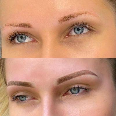 Before and after of ombré powder brows