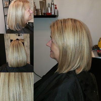 Dimensional blond highlights and a fabulous cut. Love the shine and how natural the hair looks!!!