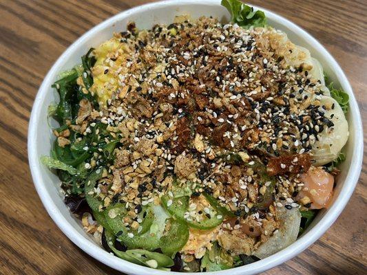 Salmon Poke bowl with half salad and half brown rice