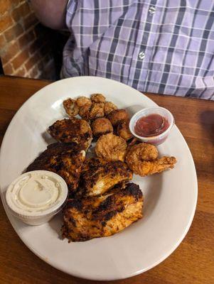 Seafood sample (fried oysters, hush puppies, fried shrimp, grouper, tuna, cod)