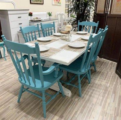 Ethan Allen table and chairs set painted in a coastal blue and white.