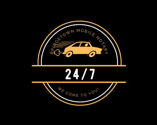 Bridgetown Mobile Notary logo showing 24/7 service.  We come to you for your notary needs. Online appointment scheduling.