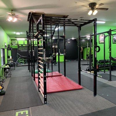 30 feet of monkey bars with a steady 45 degree incline that disappears into the ceiling