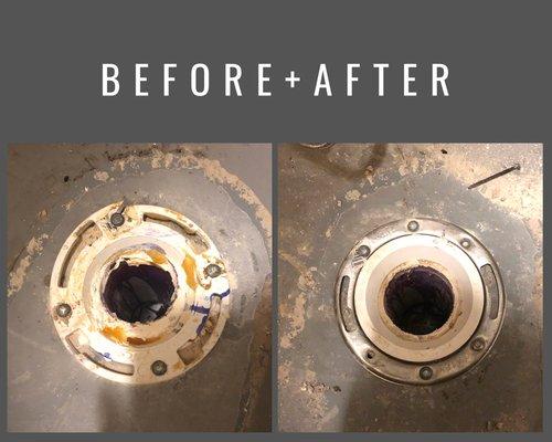 Your toilet may leak for many reasons. Here is a flange before and after Cordell Plumbing!