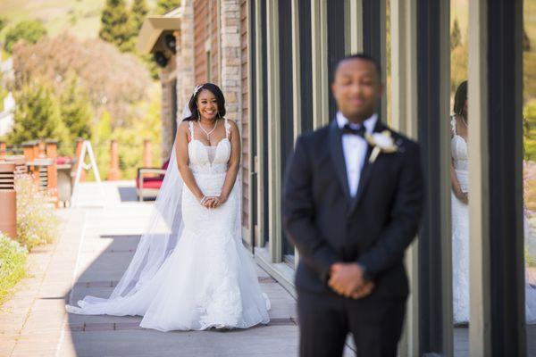 First look with bride and groom at the Peacock Gap's clubhouse in San Rafael, CA