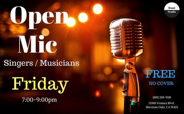 Rumi Studio hosts an Open Mic every Friday from 7-9pm. For musicians and singer.