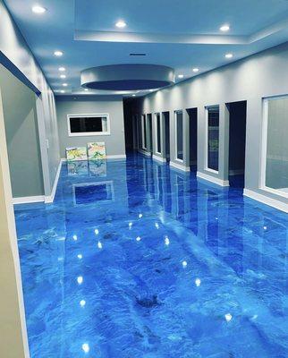 The marble blue floors at Gumbo Art make you feel like you're walking on water.