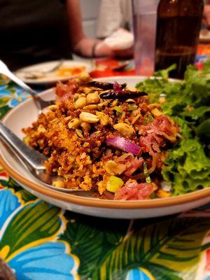 Nam Khao Tod/Crispy coconut rice with sour pork: Outstanding. Favorite of the night and best version I have ever had.