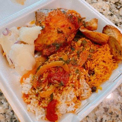 Stewed chicken, yucca, plantains, white rice and rice and beans