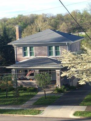 Front porch roof done two years ago. Main roof and eaves done by BTB and RLC. Gutters done by group from Fincastle.