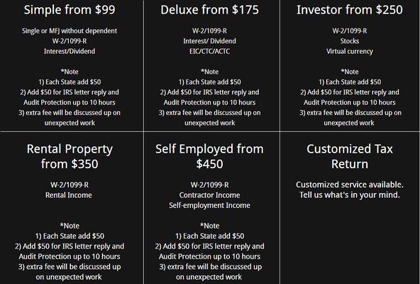 2019 Tax Return Service Price. (Subject to change without notice.)