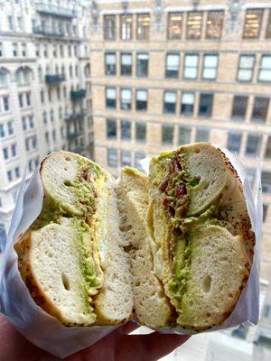 murray's breakfast special with egg, bacon, avocado mash (on a toasted everything bagel)