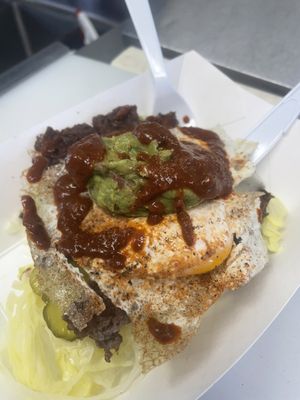 Bunless burger with red Chile sauce