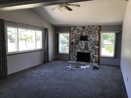 Fireplace living room floors & popcorn ceilings