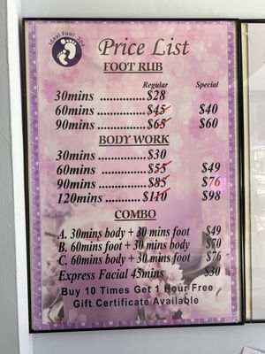 Massage menu, deep message same price