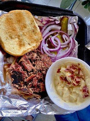 Chopped brisket sandwich and a side of Mac and cheese.