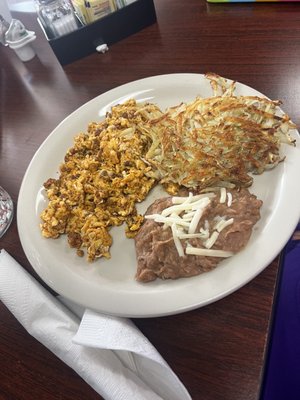 Bland hashbrowns, chorizo and beans