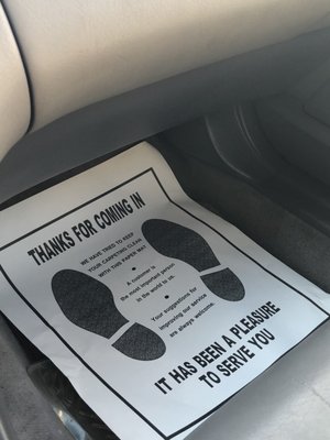 Only car  wash that puts a paper feet mat (like the ones you get from a car dealership) after your wash and wax!