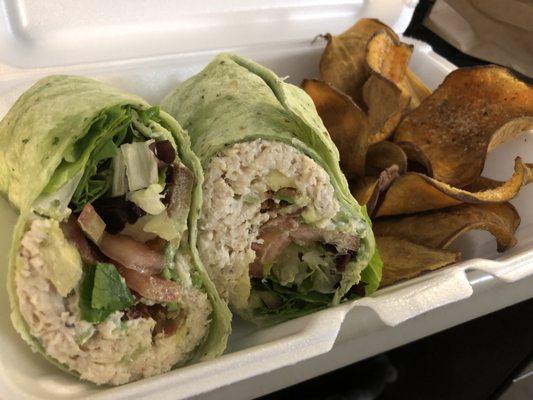 The Frear Park - Chicken Salad with Bacon, Munster cheese, mixed greens and Tomato in a wrap with homemade sweet potato chips.