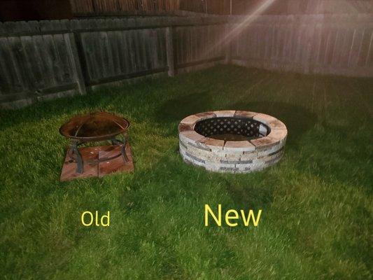 The before and after look of a firepit made of recycled granite from Granite Accents makes a nice backyard improvement.  Only $140