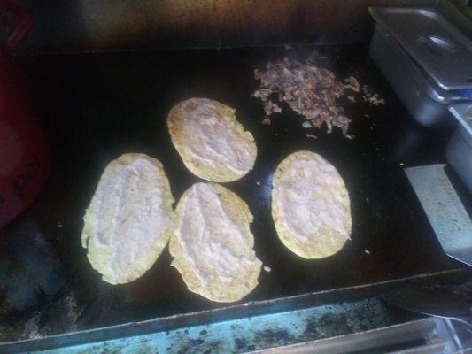 Huraches carne asada Hans made tortilla  Beans carne asada or asonada Lettuce crean and cheese