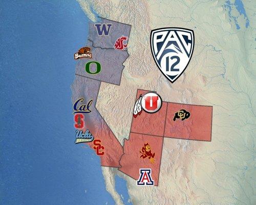 Pac-12 Conference map. Blue are teams in the football North division and red are teams in the football South division.