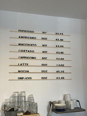 Coffee drink menu