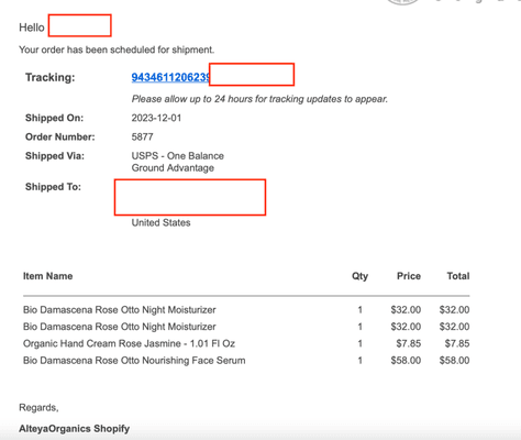 Shipping statement showing 4 items and no discount.