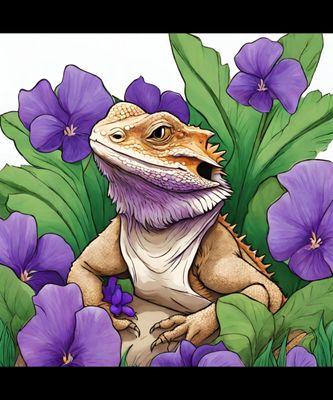 Cute Bearded Dragon Sitting In Violets Colorful Design. Great Gifts For Friends & Family Who Love Bearded Dragons.