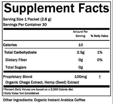 150 mg organic coffee, vegan, gluten free, non-gmo, zero THC- label.